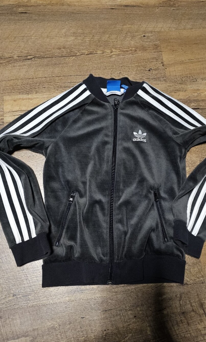Adidas Black Velour Track Jacket with White Stripes